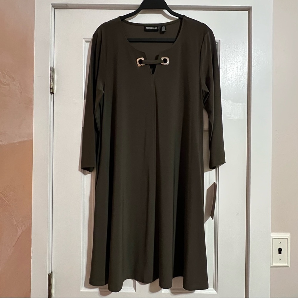 #123 NINA LEONARD OLIVE GREEN LONG SLEEVE TUNIC DRESS LARGE